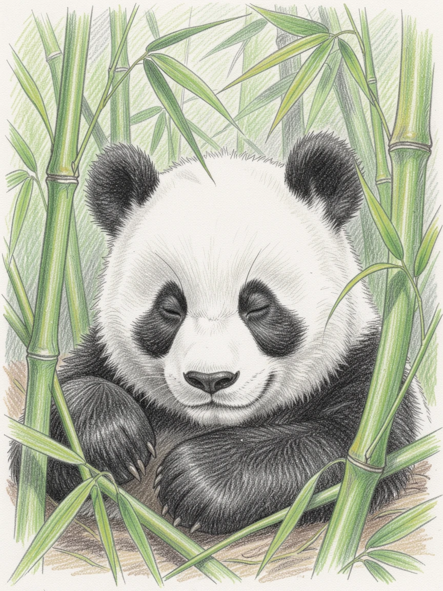 A sleepy panda cub nestled in a bamboo grove, with delicate details in the fur and expressive eyes, capturing a heartwarming, tender connection.