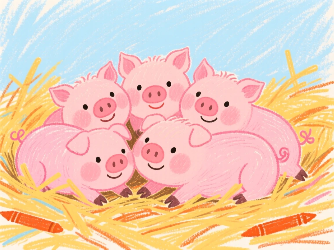 A group of piglets snuggled together in golden straw.