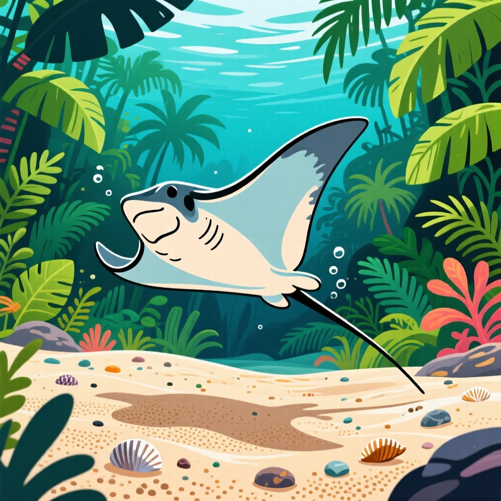 A stingray gliding gracefully over a sandy seafloor, nestled within a dense jungle alive with greenery, framed from a low angle to feel grand and majestic, with vivid, richly saturated colors that pop.