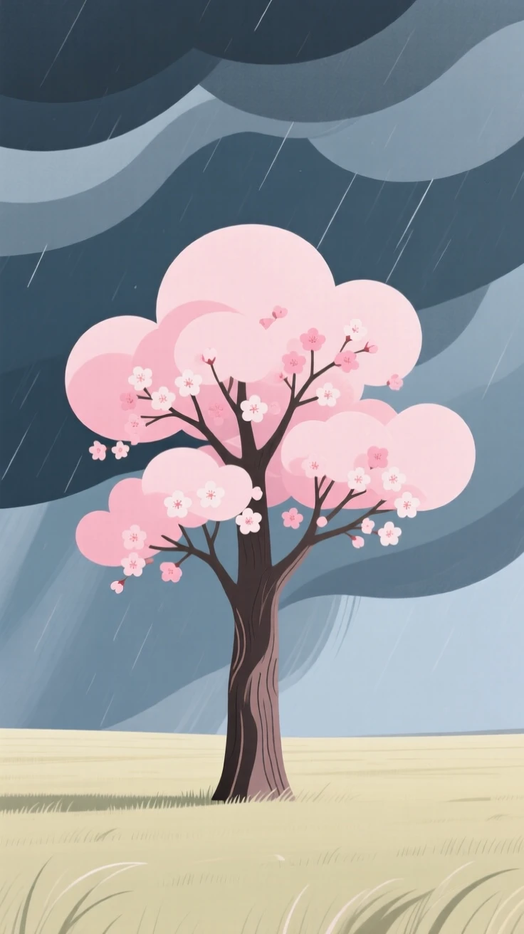 A towering cherry blossom tree standing alone in an open field under a stormy sky.
