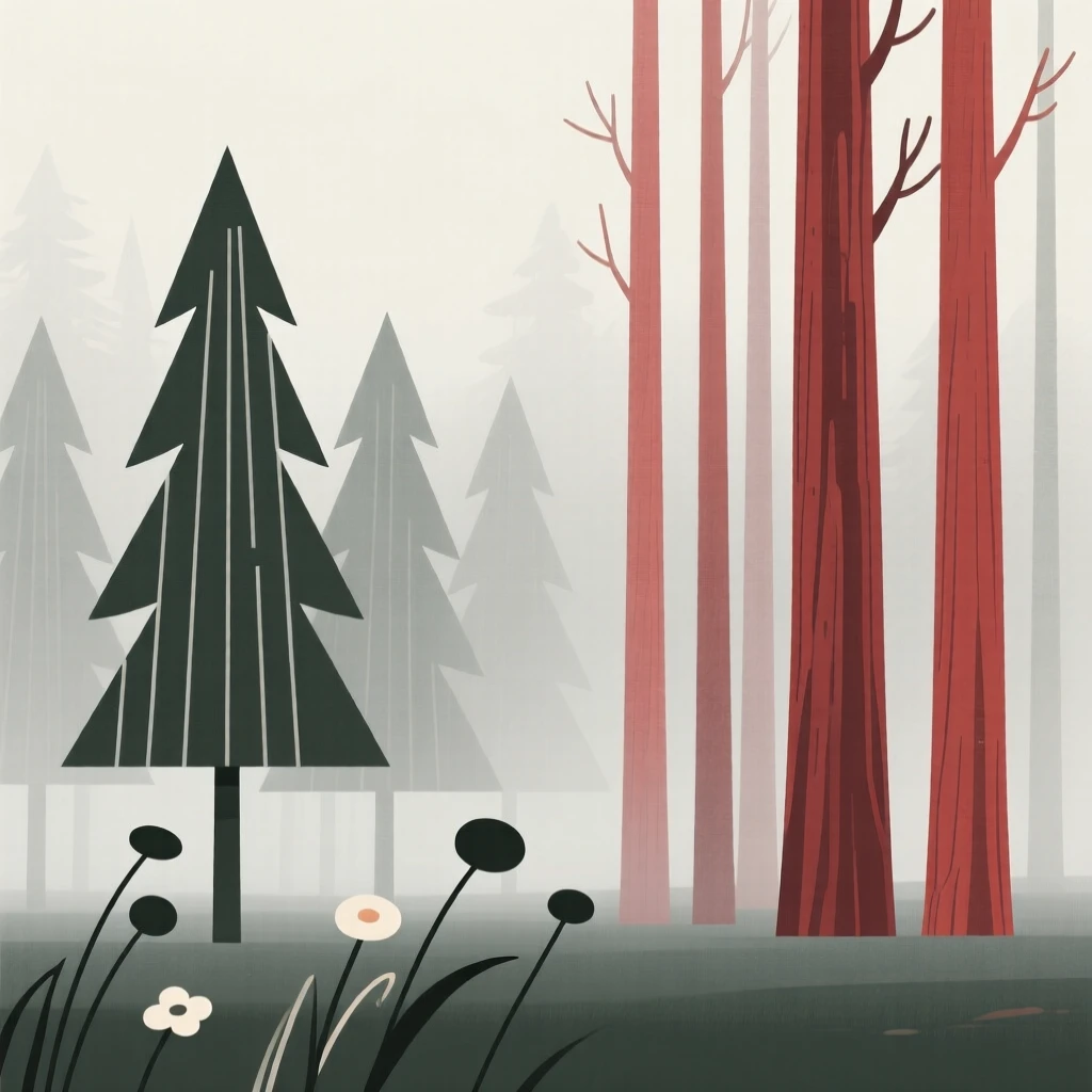A foggy pine forest, quiet and still, cradles a redwood forest resting beside wildflowers swaying in the breeze, capturing a feeling of timeless calm.