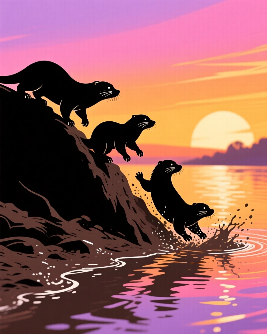 A family of otters sliding one by one down a muddy riverbank into the water.