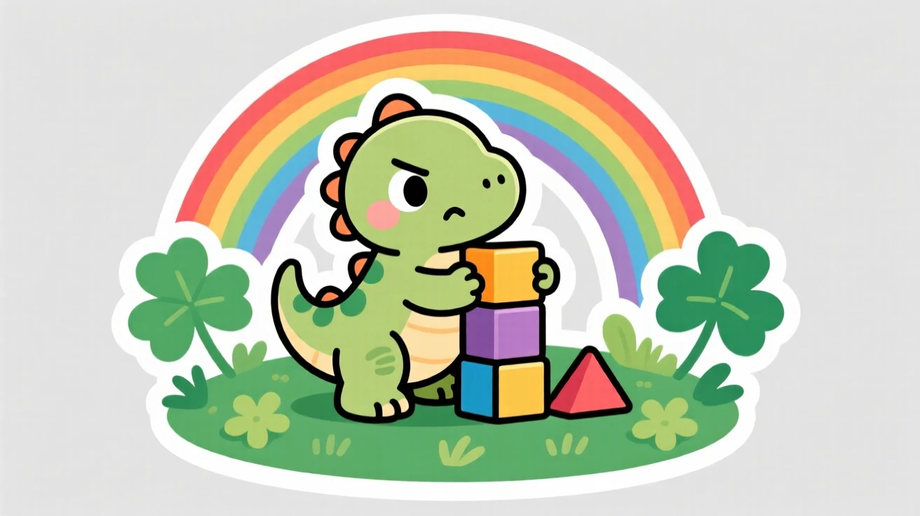 A determined baby dinosaur hatchling stacking colorful building blocks, on a bed of clover under a rainbow.