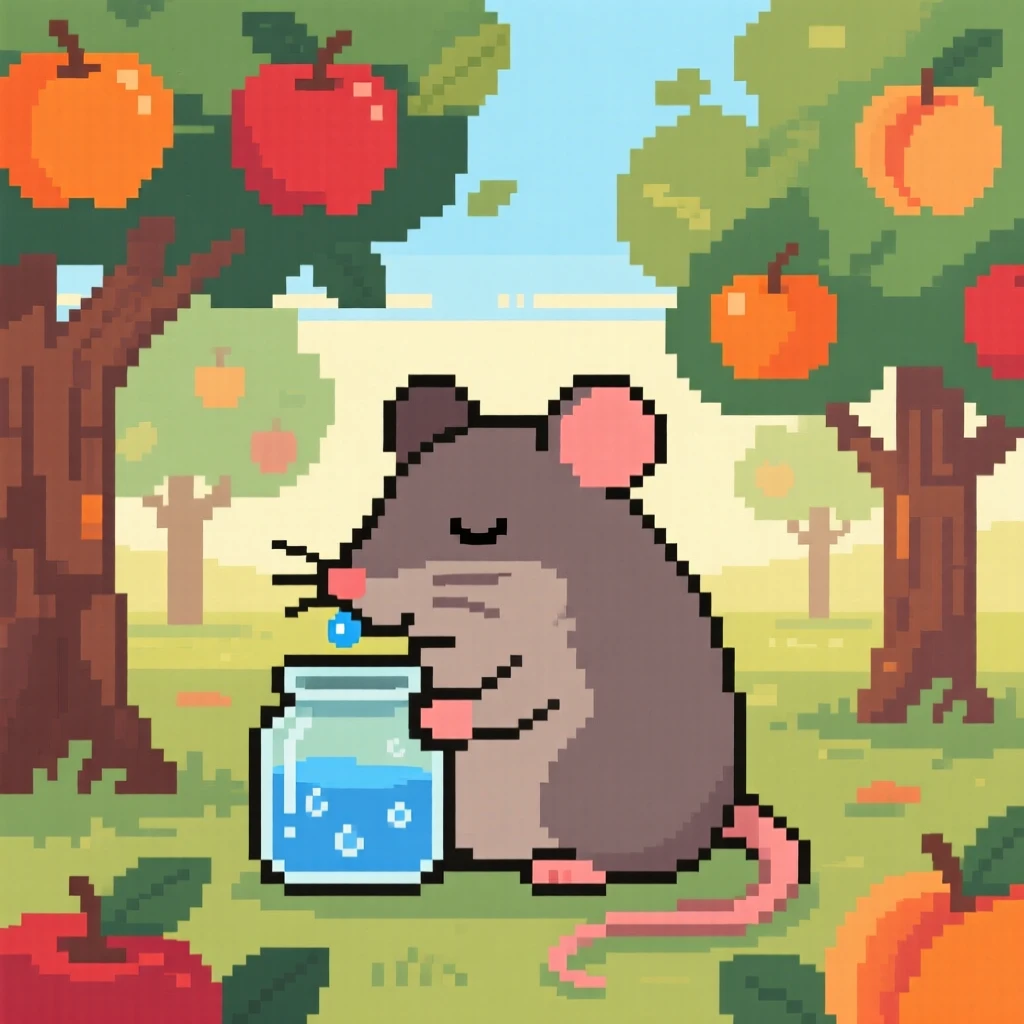 A sleepy dormouse collecting dewdrops in a jar, in an orchard heavy with ripe fruit.