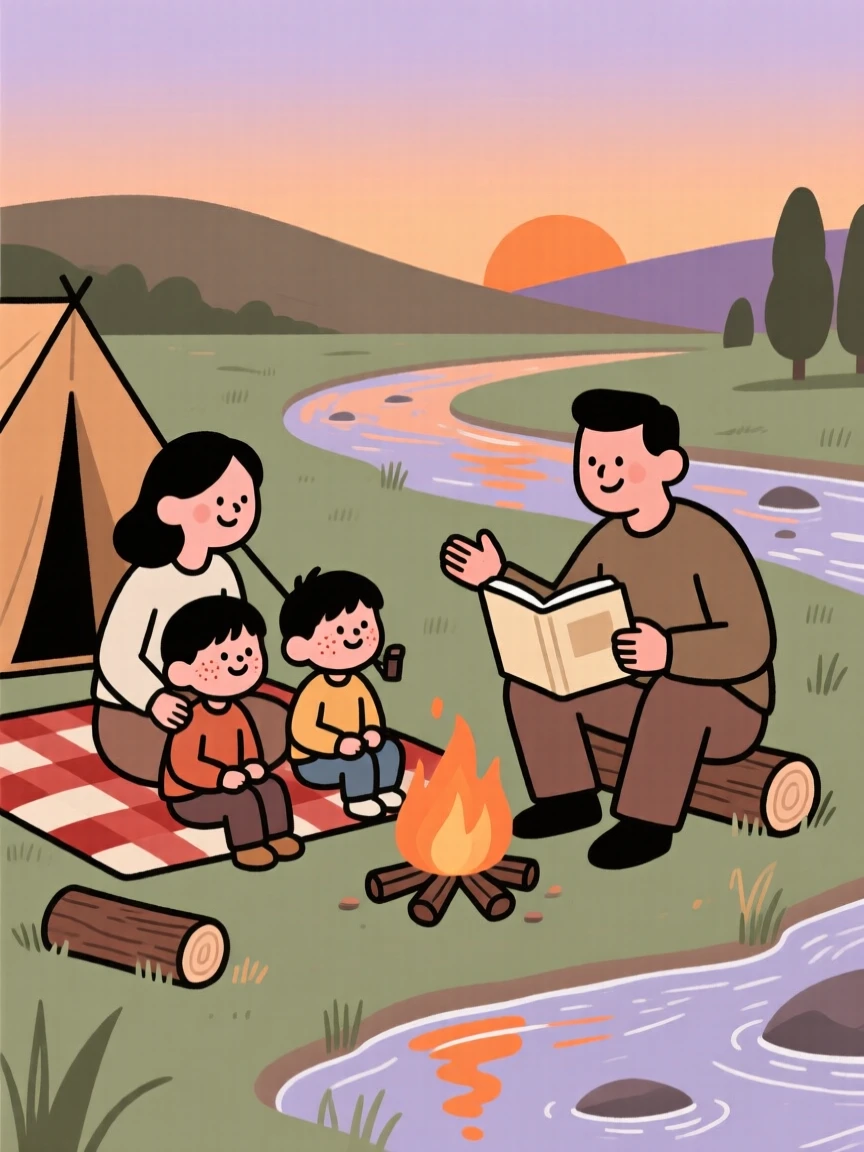 A family sets up camp beside a gentle stream as a soft orange sunset fades behind the distant hills, sharing stories around a small fire.