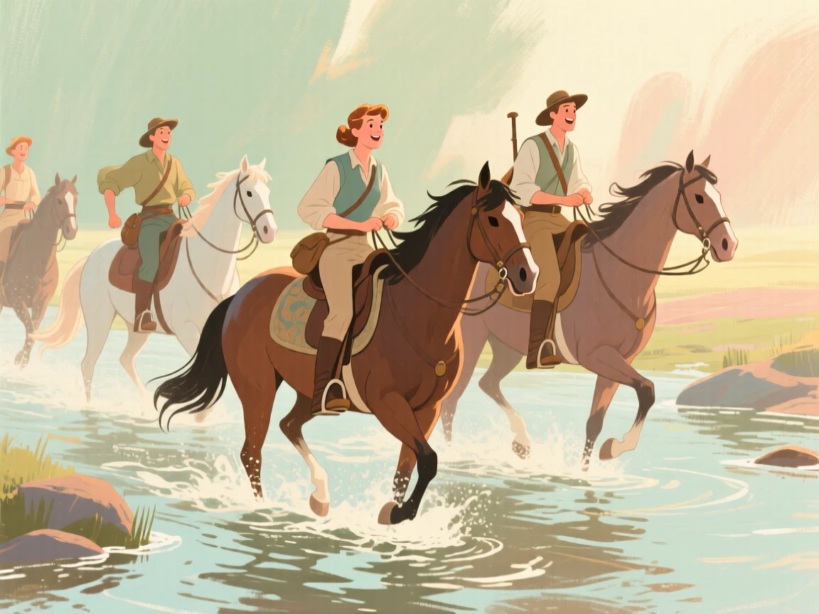 A group of adventurers crossing a shallow river on horseback