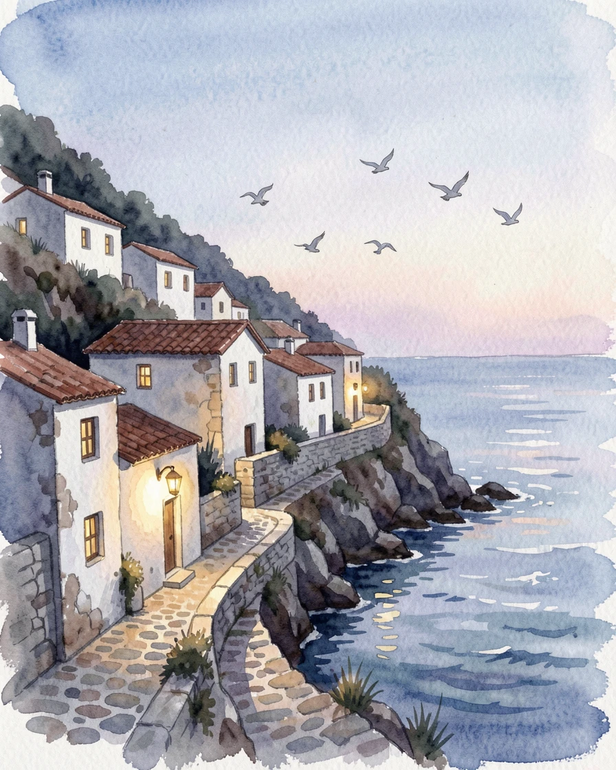 A hillside village of whitewashed houses overlooking the sea as lanterns are lit at dusk with birds circling overhead.