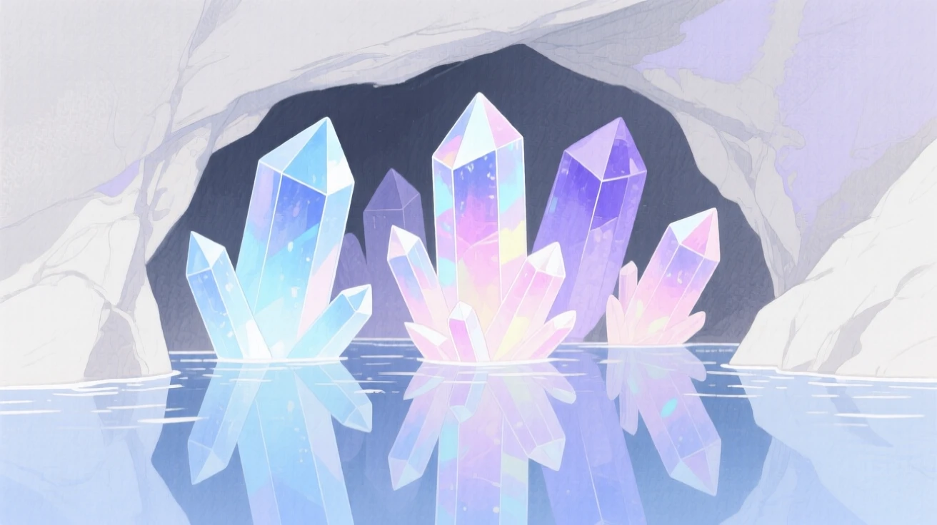 A dreamlike scene of a hidden crystal cave, reflecting shimmering colors in still water, inviting quiet wonder and imagination