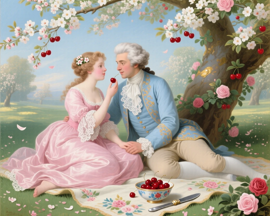 A young couple sharing cherries beneath a flowering orchard tree  