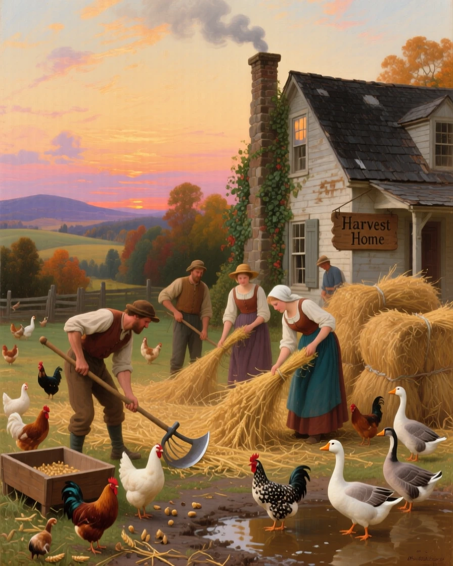 A group of harvesters harvests wheat in a farmyard busy with chickens and geese while smoke rises from the farmhouse chimney.