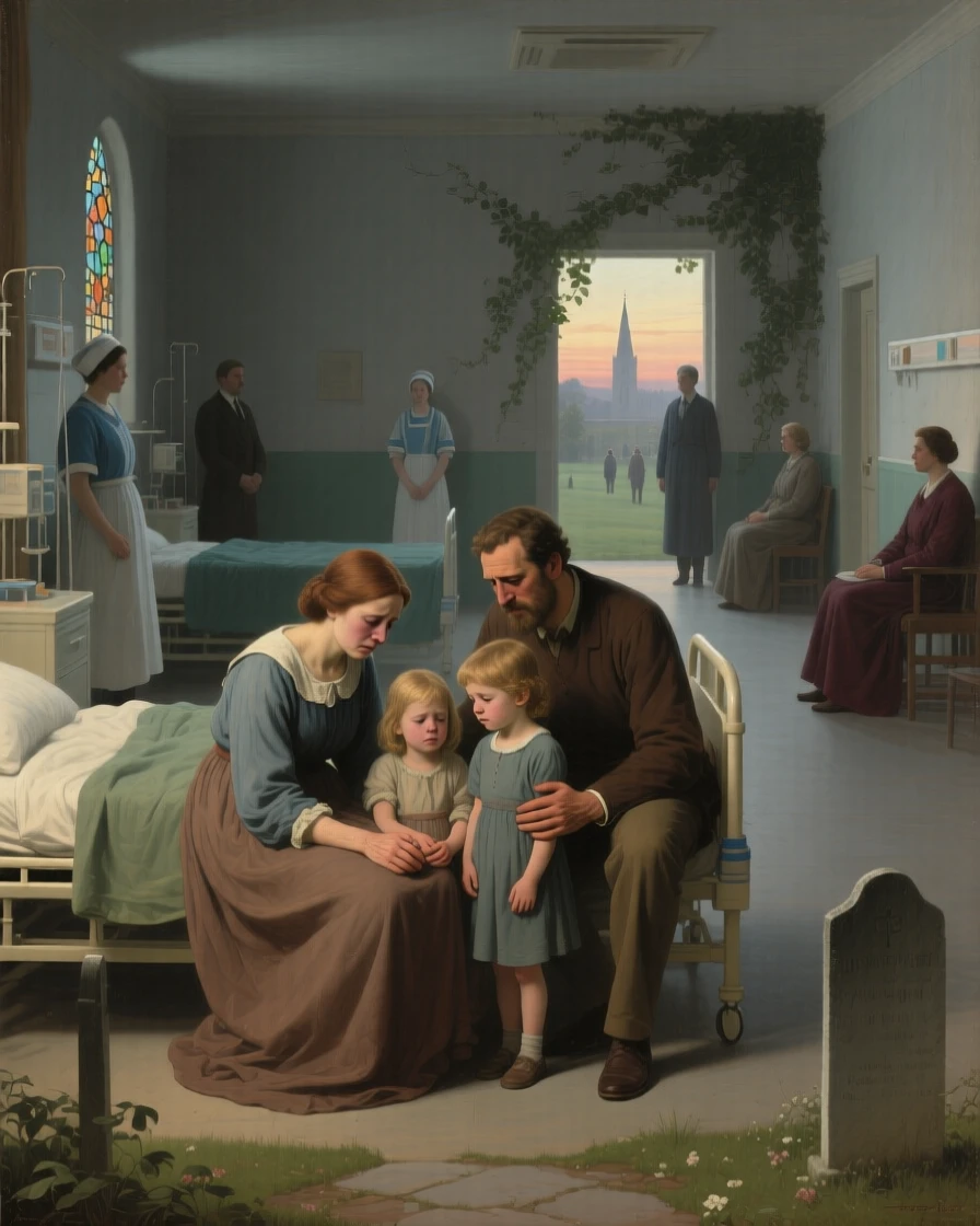 A grieving family gathered at the edge of a quiet churchyard in a gesture that speaks louder than words, set in a dimly lit hospital ward at the edge of dawn, with distant figures watching quietly from a respectful distance; the surrounding onlookers form a soft frame around the emotional core, filled with gratitude, humility, and human warmth.