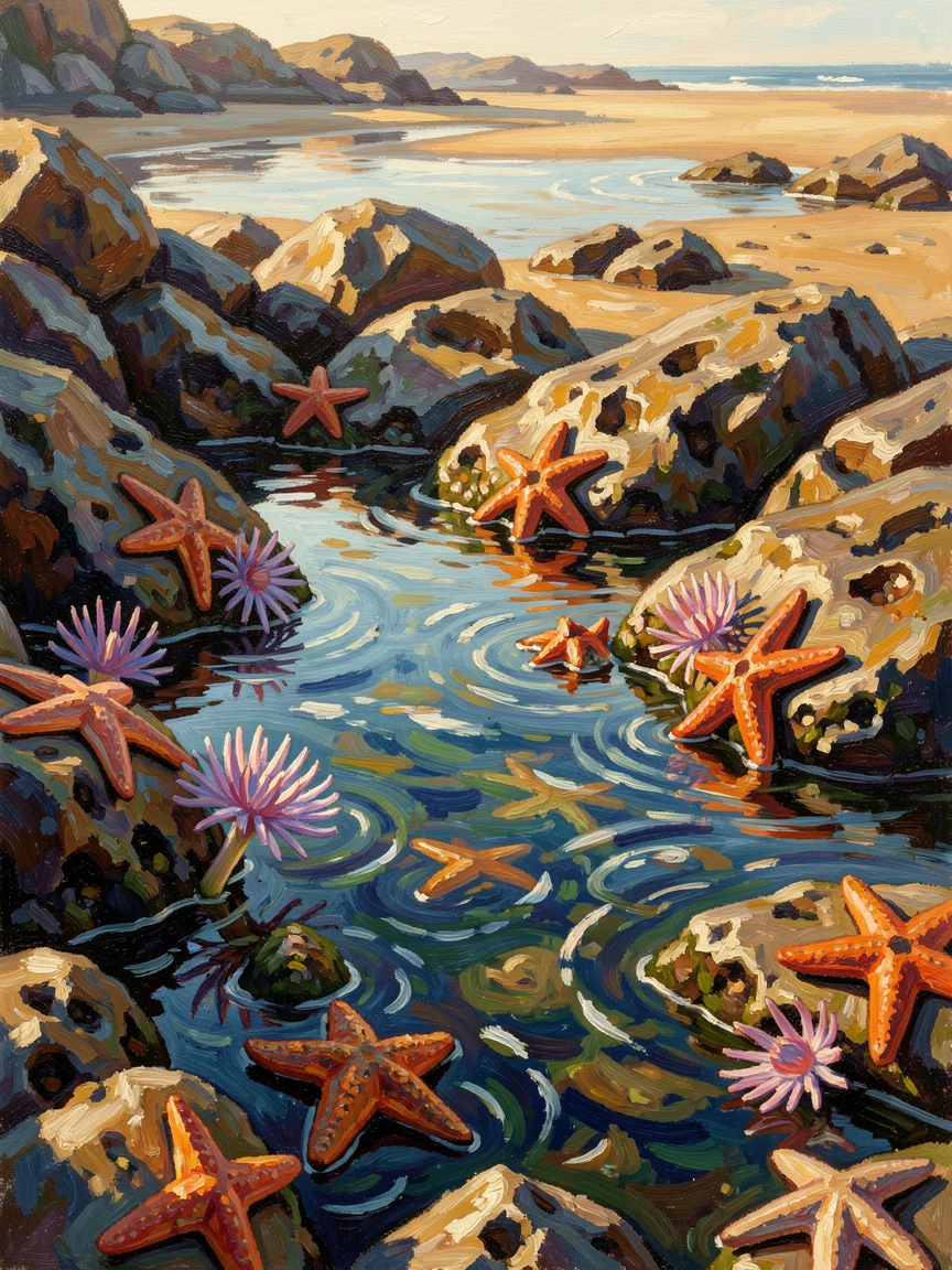 A quiet tide pool filled with starfish and anemones on a rocky shoreline at low tide.