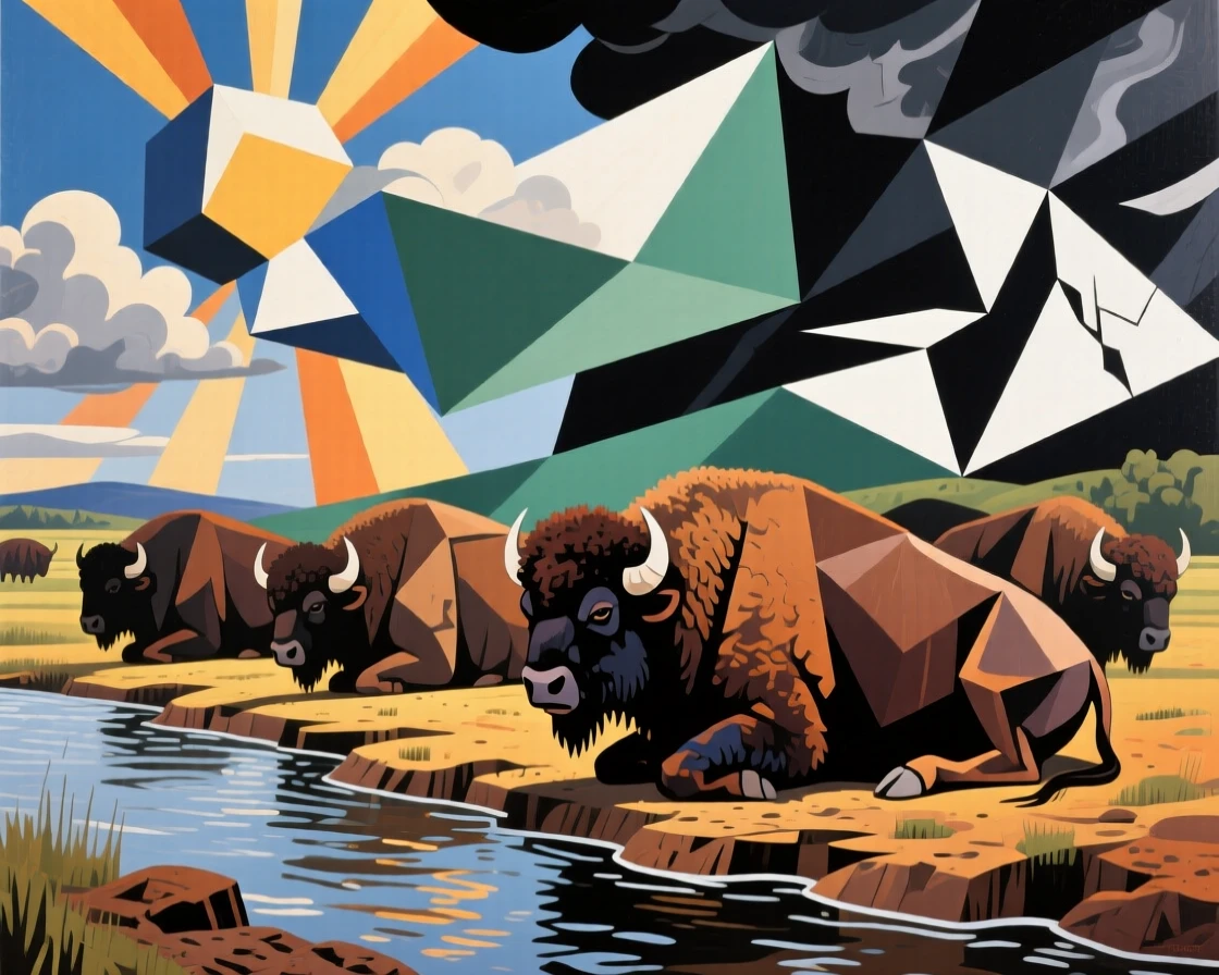 A striking view of a bison herd resting on a sunlit riverbank beneath a dramatic sky.
