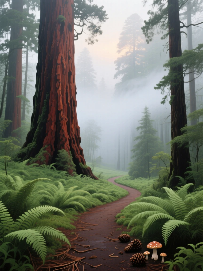 Towering sequoias rise into low clouds in a foggy California grove, their reddish bark contrasting against a soft green carpet of ferns, a hiking trail disappearing into the mist ahead.