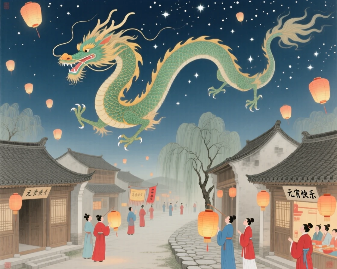 A dragon with whiskers streaming behind it above a village during a starlit festival