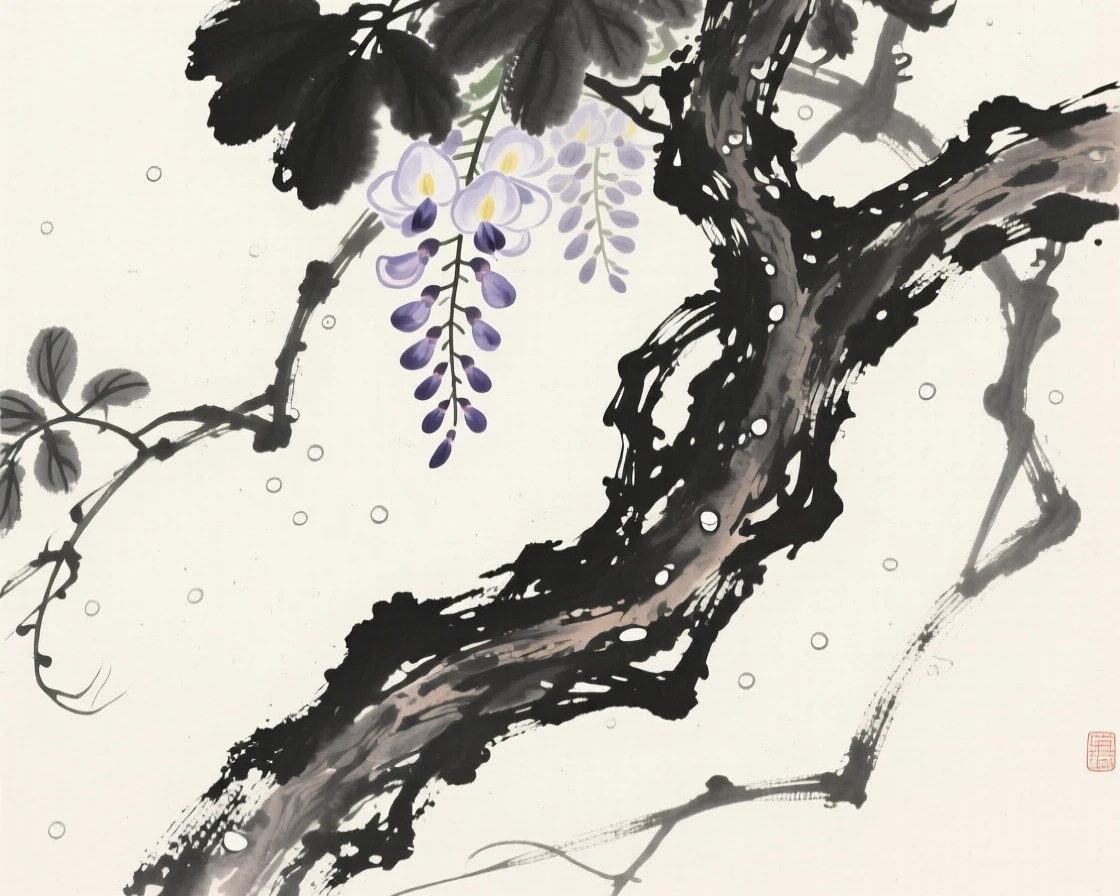 A twisted old wisteria vine beneath a light dusting of morning dew, framed asymmetrically for quiet visual balance, conveying gentle stillness and natural harmony.