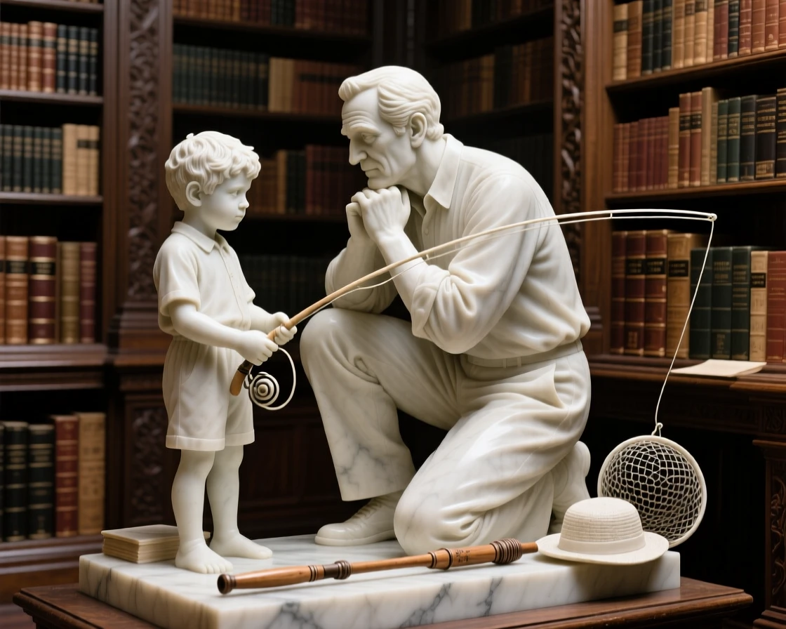A tender portrait of a father teaching his son to fish, resting chin on folded hands, in an old library filled with books, evoking warmth and humanity