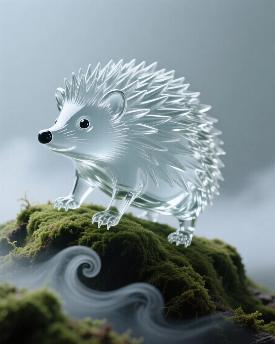 A hedgehog standing alert on a moss-covered ridge at first light, mist curling around its paws, the scene calm and quietly majestic.