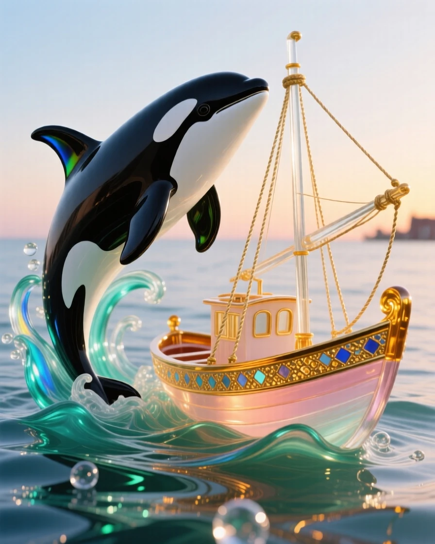 A pair of orcas surfacing together beside a small fishing boat at dawn, powerful and awe-inspiring.