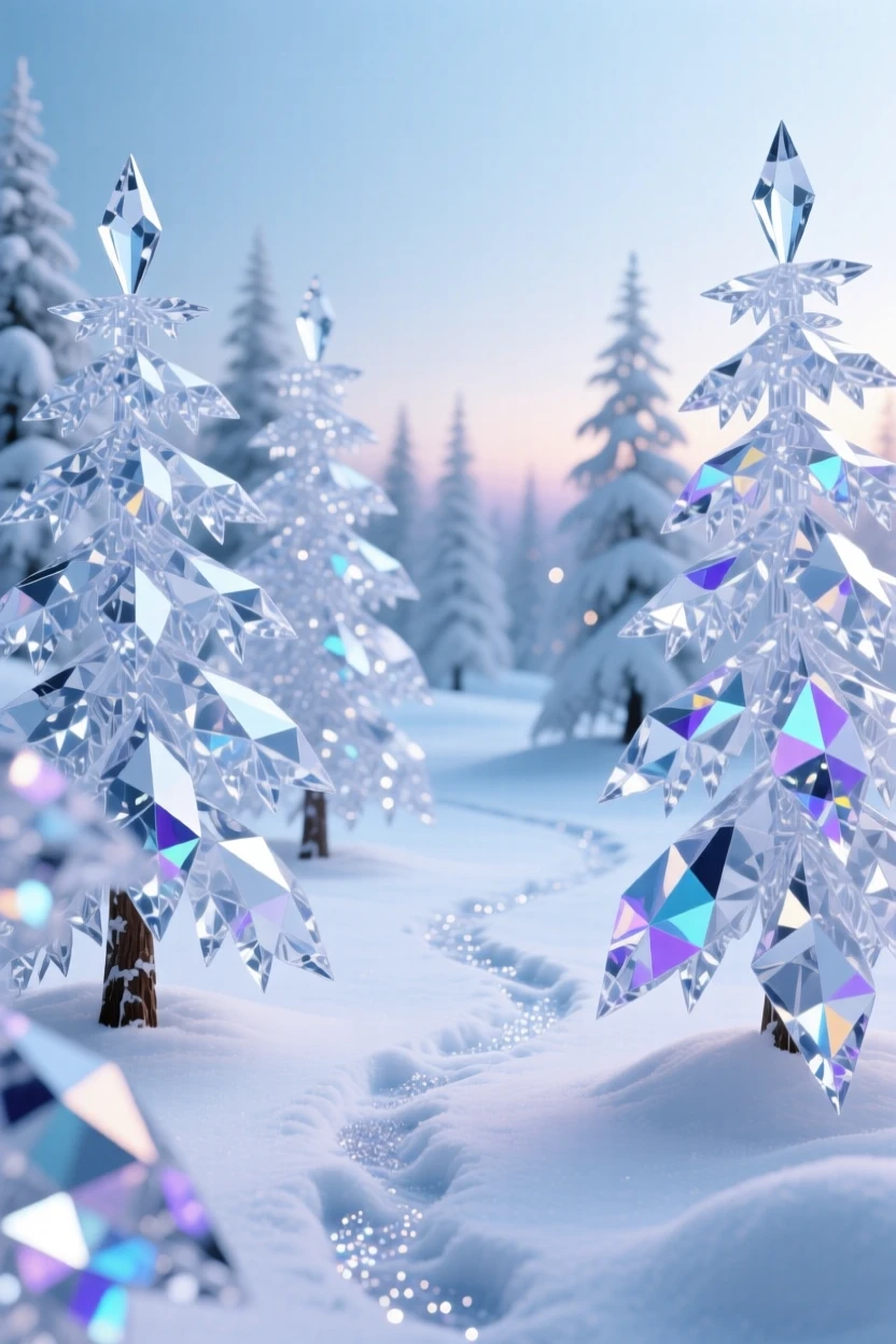 A snow-covered pine forest at twilight, a single set of animal tracks weaving between trees.