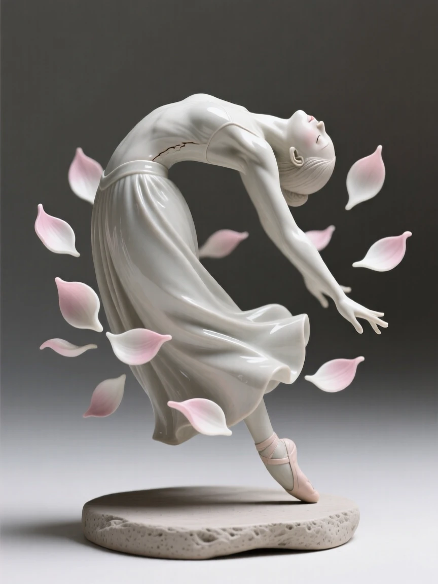 A dancer frozen in a dramatic backbend captured in a fleeting moment of pure emotion, surrounded by softly falling petals, conveying quiet dignity and timeless beauty.