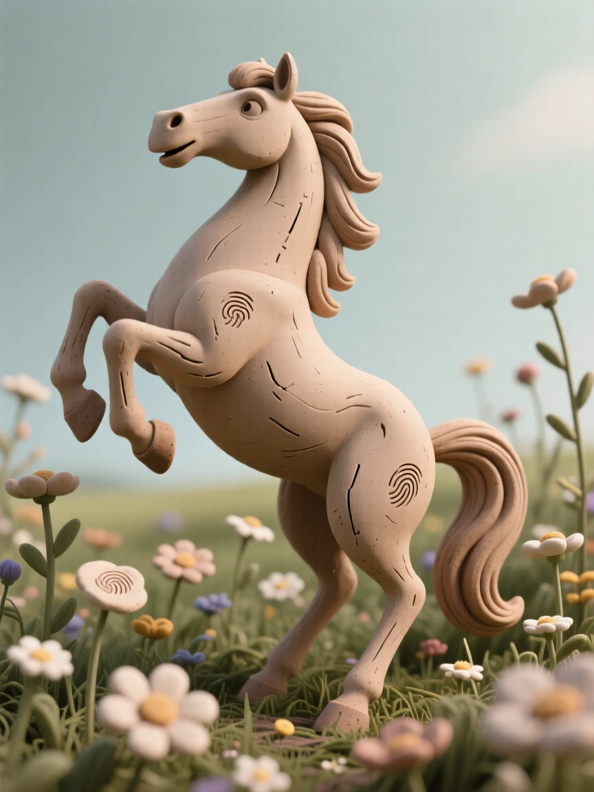 A stallion rearing on its hind legs in a field of wildflowers