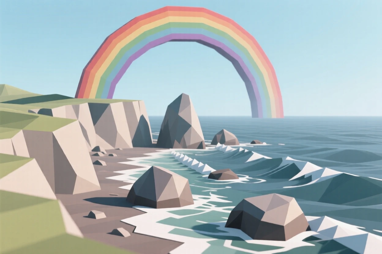 A rugged coastline with crashing waves, beneath a rainbow after a passing storm. the composition uses a wide, sweeping perspective. The view feels timeless and untouched.