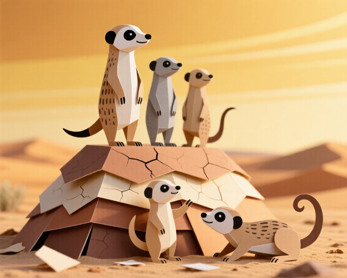 A family of meerkats standing alert atop a termite mound in the golden desert light, one scanning the horizon while pups play at its feet, evoking vigilance and community.