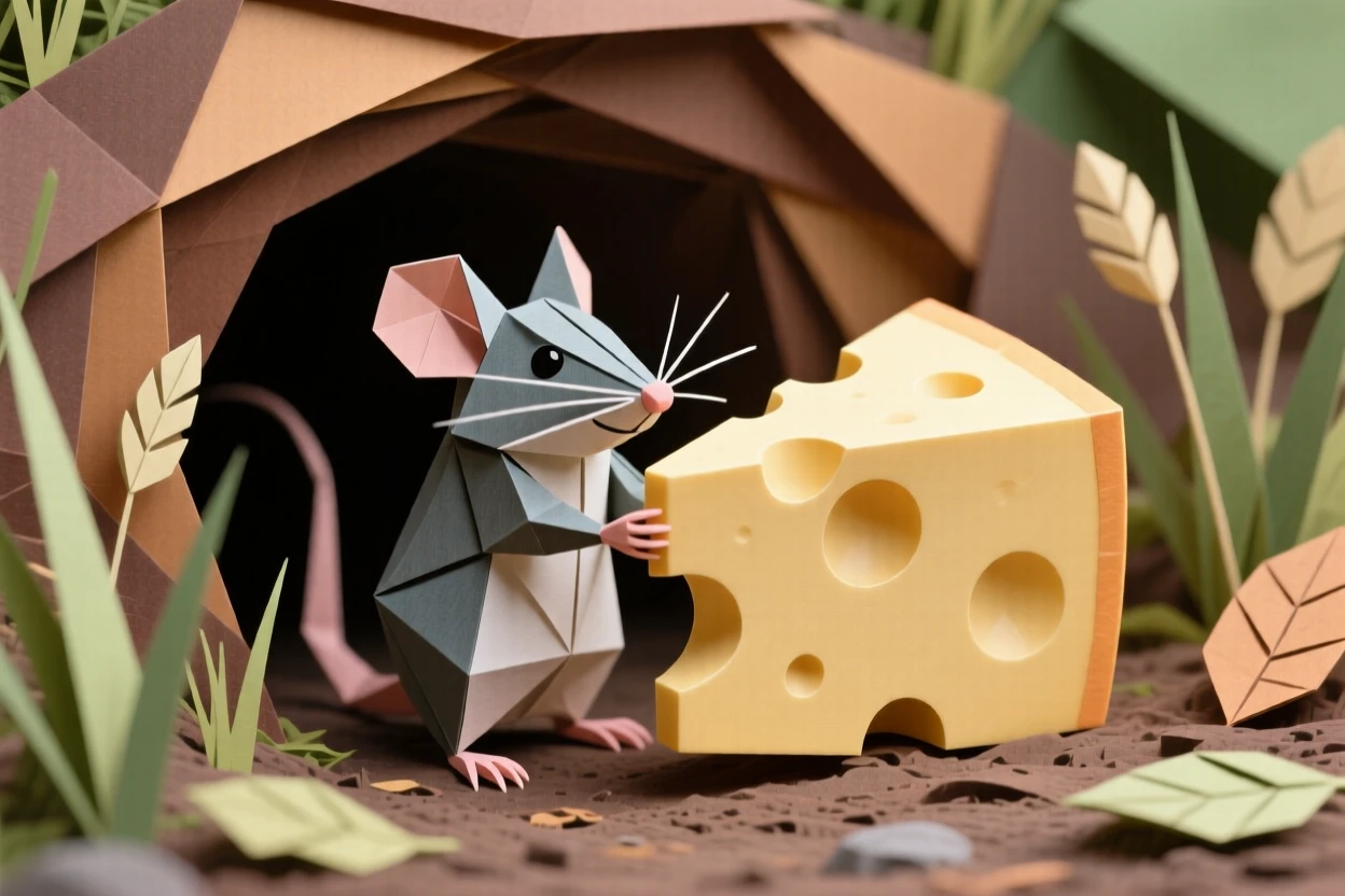 A field mouse holding a wedge of cheese nearly as big as itself, standing at the entrance of a burrow.