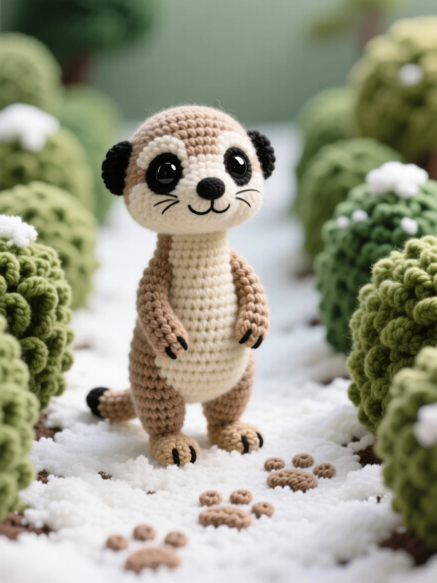 a tiny meerkat pup, with a slender body and alert eyes, standing upright on its hind legs keeping watch, set in a quiet garden path lined with hedges, with a trail of small paw prints in the snow, evoking a tender, sleepy softness.