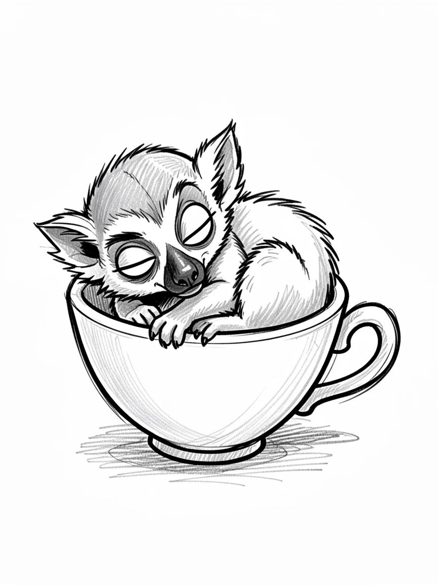 A wide-eyed lemur napping in a teacup.