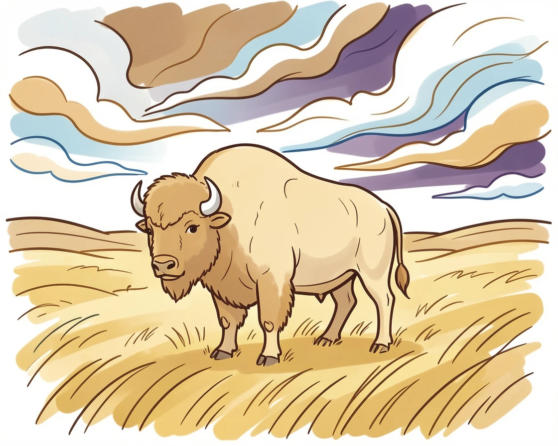 A bison standing alone on a wide golden prairie under a dramatic sky.