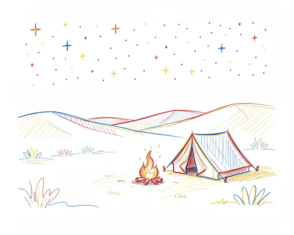 A star-filled night sky over a quiet desert campsite with glowing embers