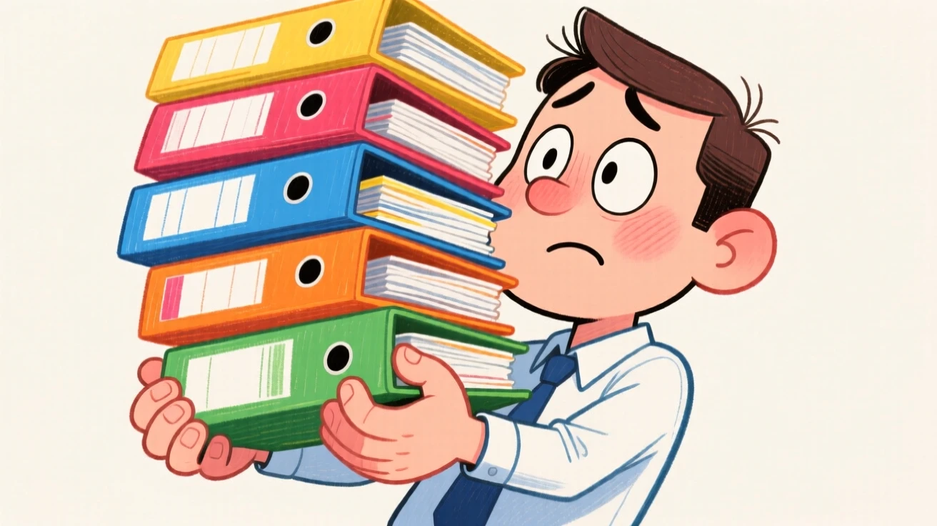 A shy new employee awkwardly holding a stack of folders too tall to see over.
