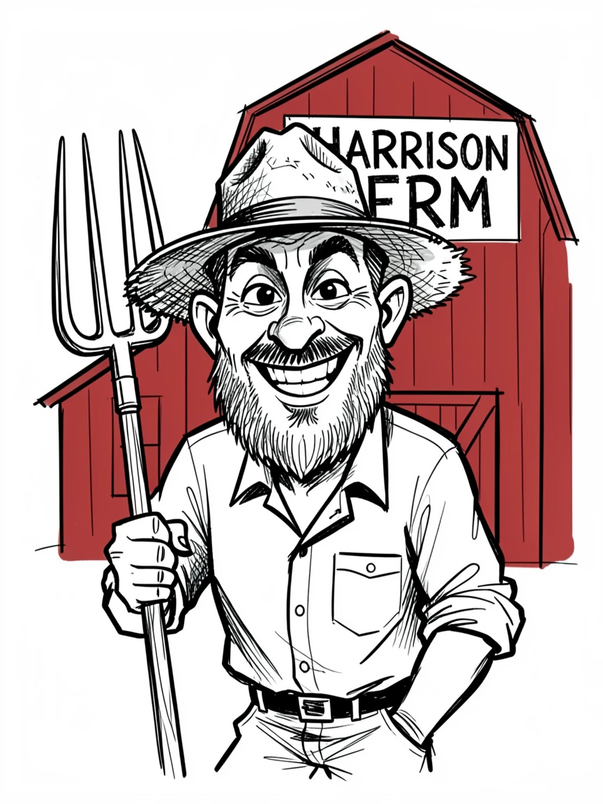 [People Portraits & Characters] Portrait of a proud farmer leaning on a pitchfork in front of a red barn, full of personality and charm
