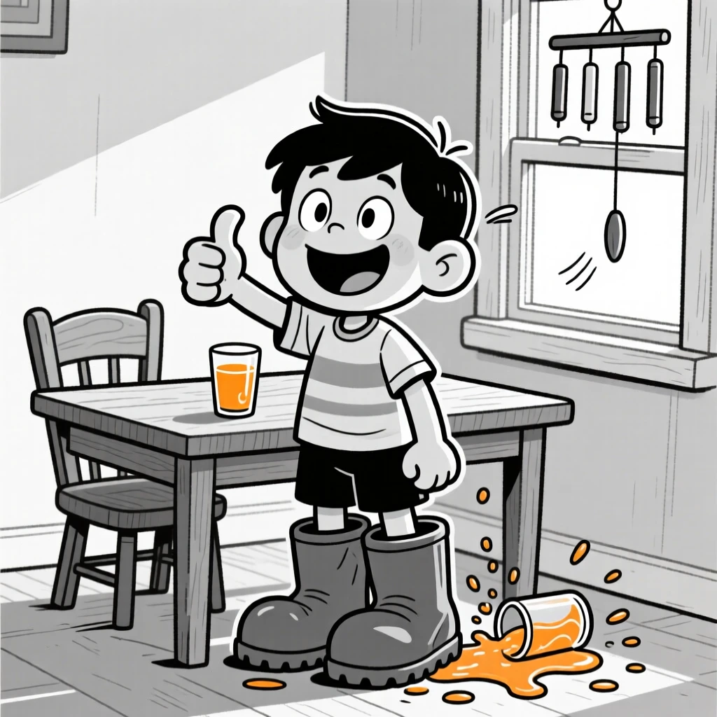 A little boy in oversized rain boots, giving an exaggerated thumbs up, set at a breakfast nook with orange juice spilled nearby. A wind chime sways gently just outside the window. It's a small, ordinary moment that feels quietly precious.