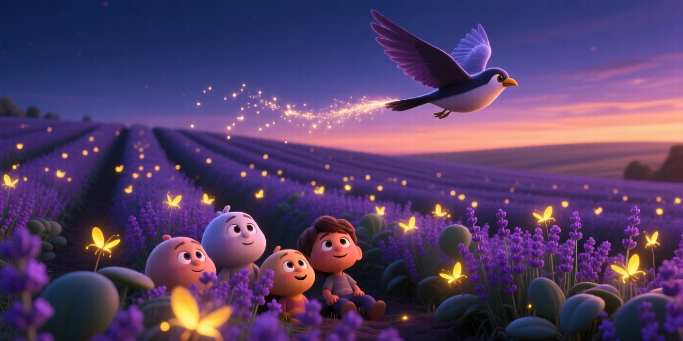 A lavender field stretching to the horizon glows as fireflies begin to flicker in the twilight, with a lone bird gliding silently overhead. A deep sense of peace and quiet awe fills the scene.