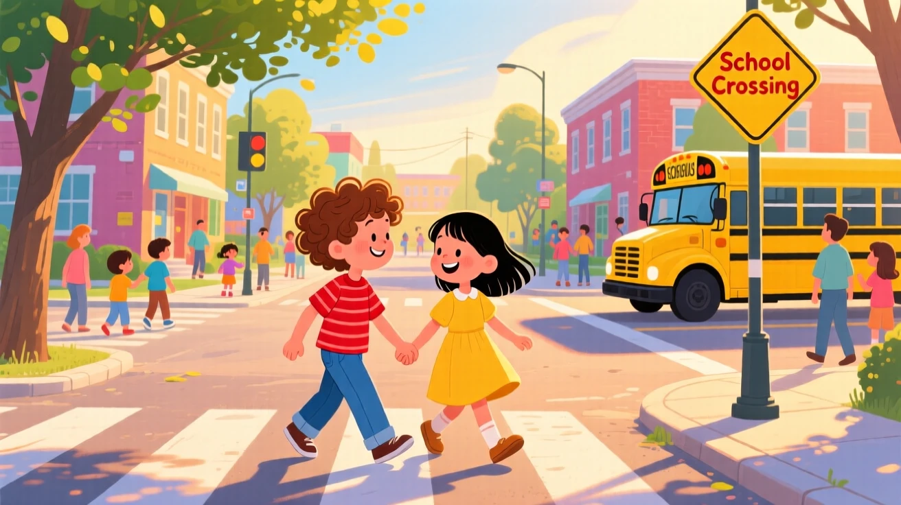 Two best friends share a tender moment holding hands while crossing a busy street in a sunny schoolyard, while a warm glow of evening light surrounds them.