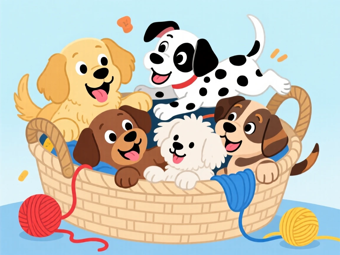 A litter of puppies tumbling over each other in a laundry basket.