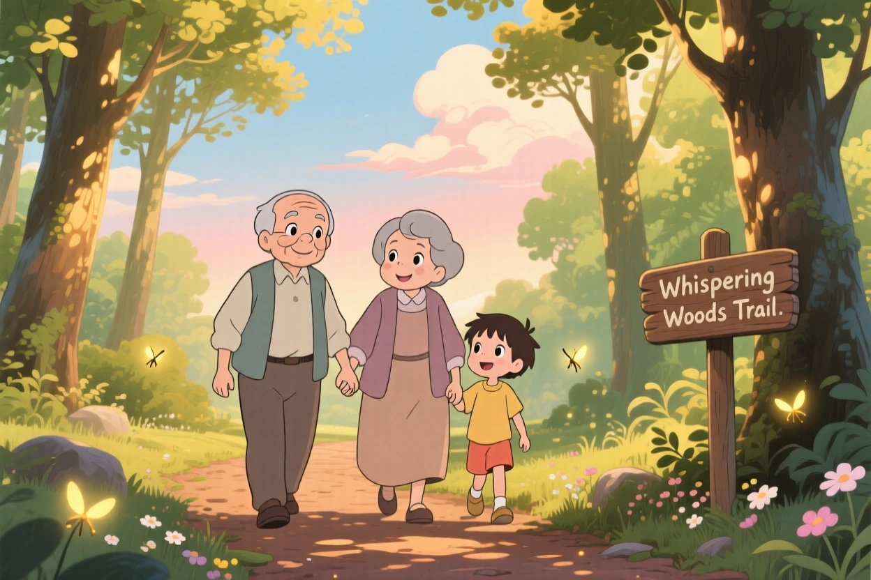 Grandparents walking hand in hand with their grandchildren, the scene tender and warm.