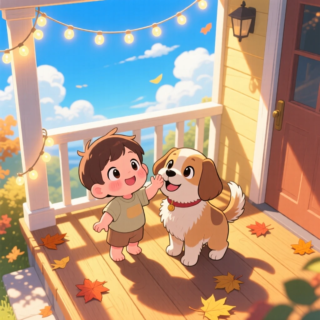 A curious toddler reaching up to pet a friendly dog, framed as a high aerial view within a sunlit front porch, beneath fluffy drifting clouds, glowing under glowing string lights, evoking delighted joy.