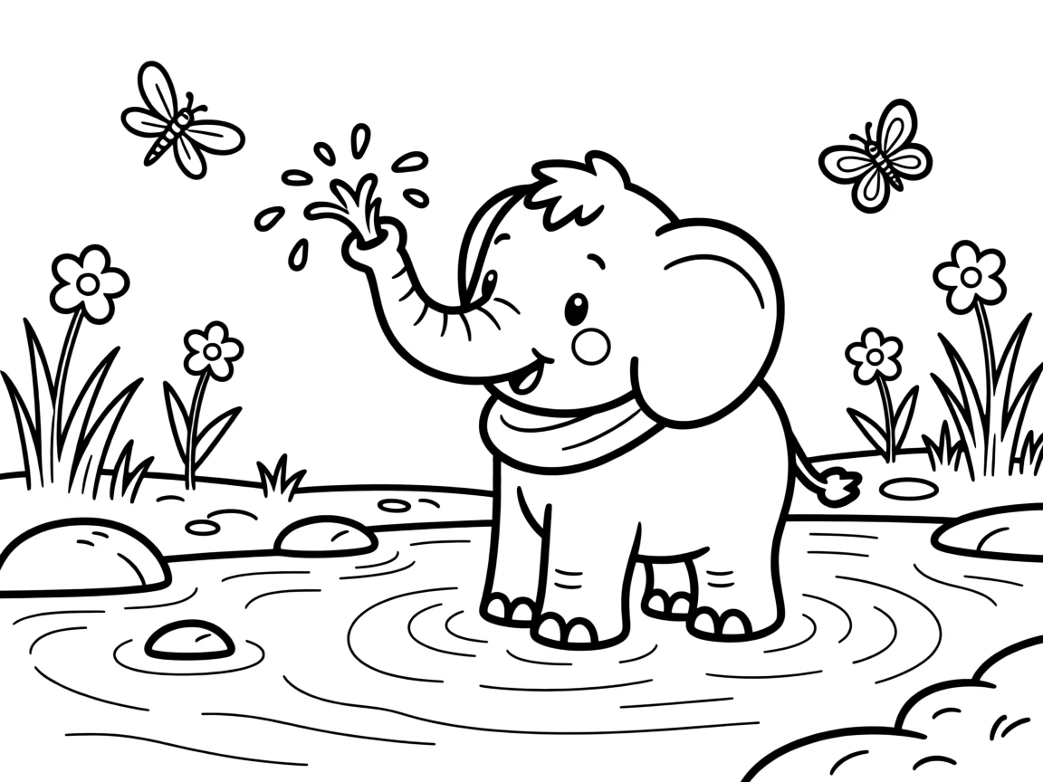 A baby elephant spraying water from its trunk in a river