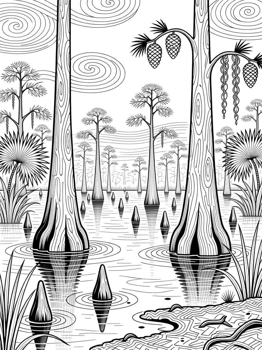 A cypress swamp with knees rising from still, dark water.