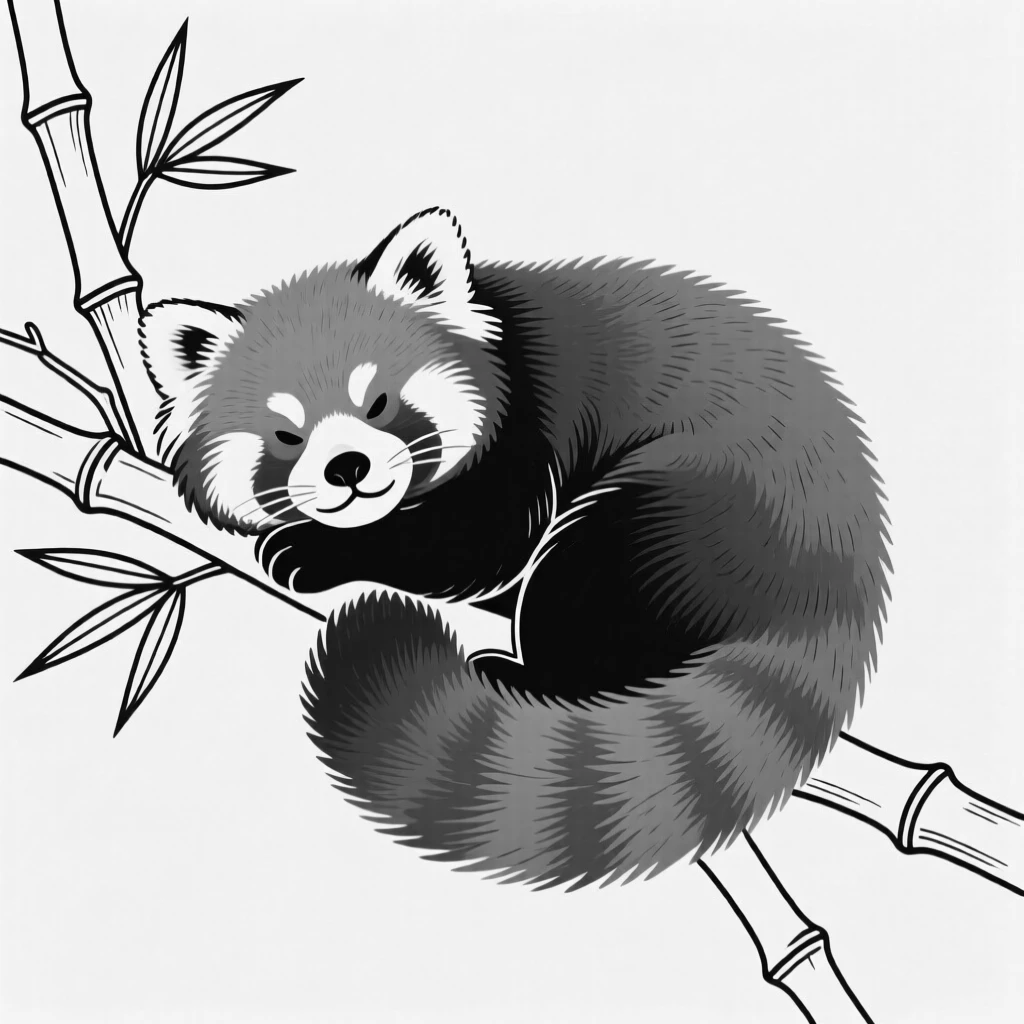 A red panda curled around a bamboo branch