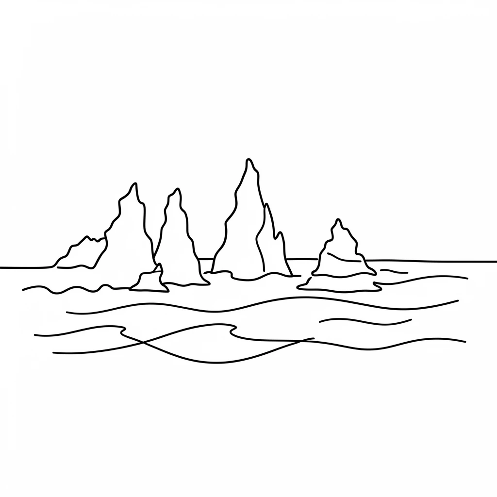 A rugged coastline dotted with scattered sea stacks rising from the waves