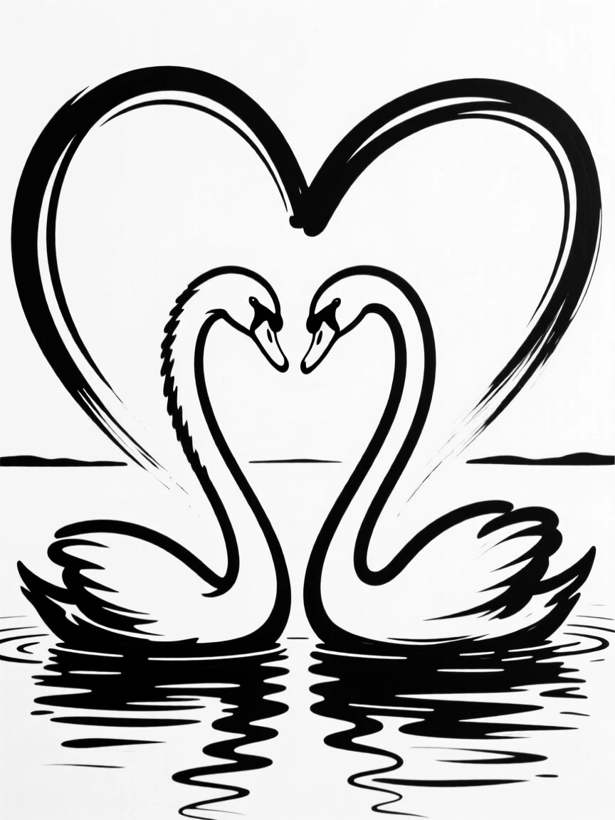 A pair of swans forming a heart shape with their necks on a calm lake.