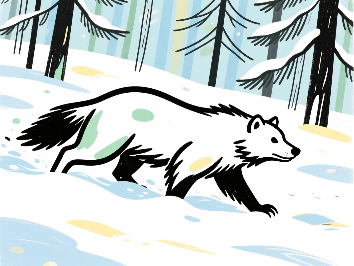 A wolverine trudging through deep snow in a pine forest.