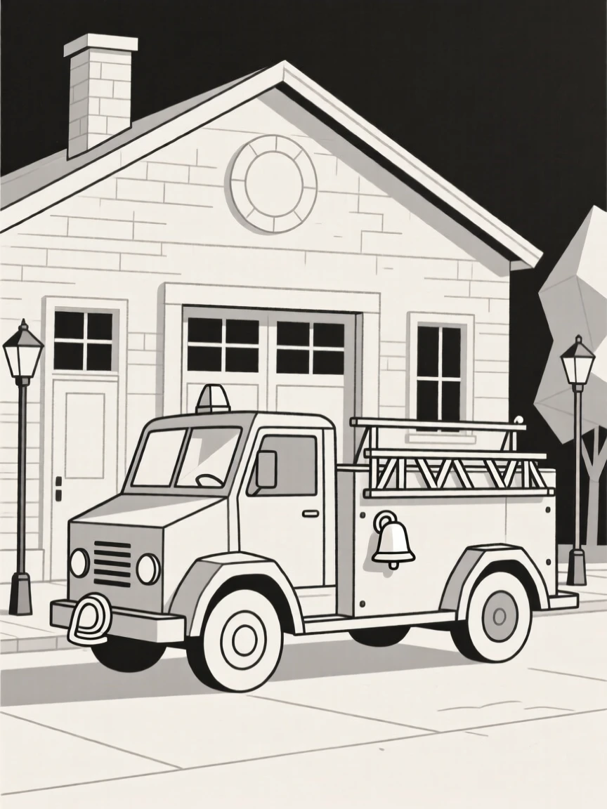 A vintage fire engine parked outside an old firehouse