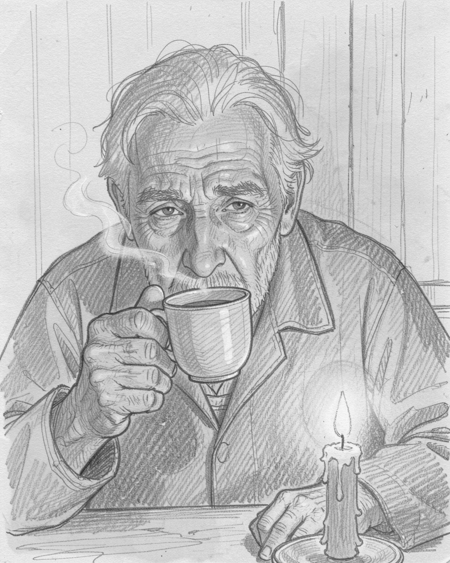 Intimate close-up of a weathered old fisherman in a candlelit room, holding a steaming cup of tea.