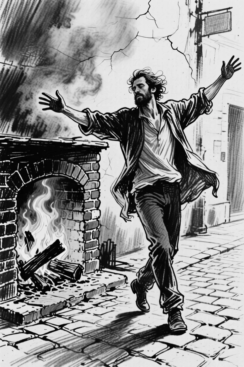 A street musician dancing freely with arms outstretched, beside a crackling fireplace.